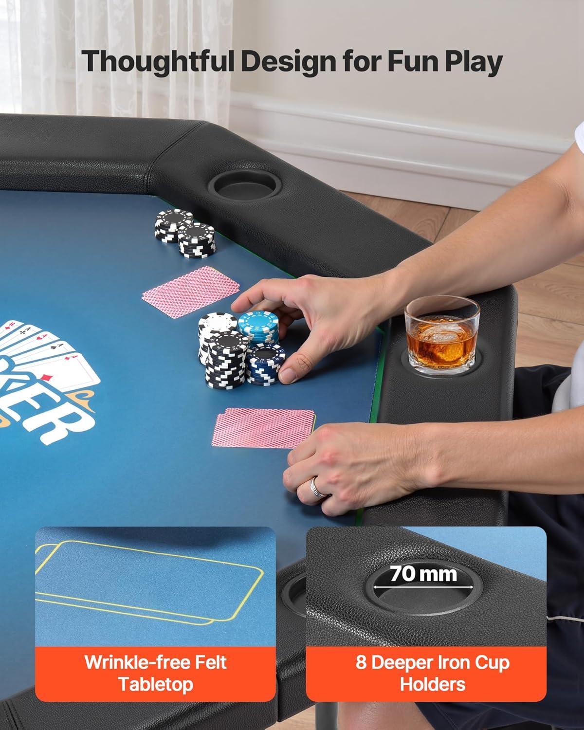 image:imageVEVOR Foldable Poker Table 8 Player 48 in Folding Casino Leisure Table with Padded Rails amp Cup Holders Octagonal Portable Game Tables with Felt amp Metal Legs for Texas Holdem Game and BlackjackBlackblue