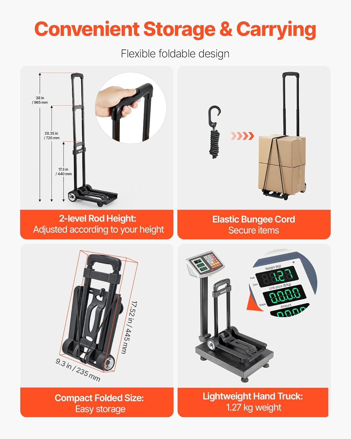 image:imageVEVOR Folding Hand Truck 110 lbs Load Capacity Collapsible Luggage Cart with 2 Wheels amp 1 Elastic Rope Utility Dolly Platform Cart for Airport Travel Furniture Luggage Office Moving Black110 lbs