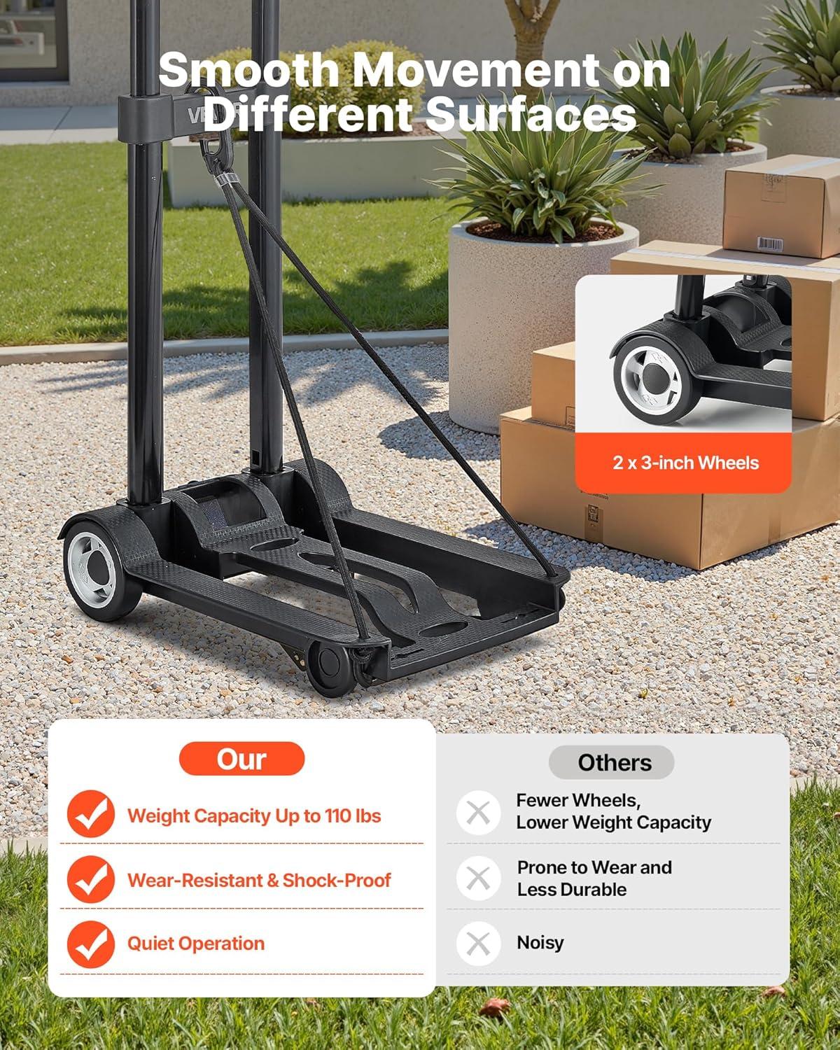 image:imageVEVOR Folding Hand Truck 110 lbs Load Capacity Collapsible Luggage Cart with 2 Wheels amp 1 Elastic Rope Utility Dolly Platform Cart for Airport Travel Furniture Luggage Office Moving Black110 lbs