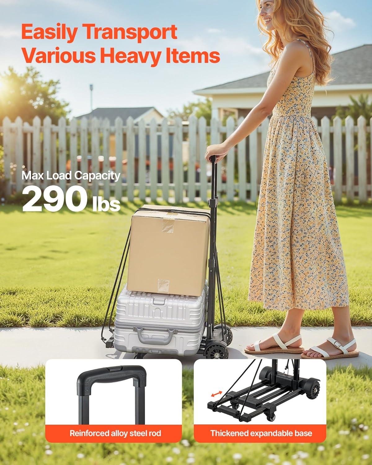 image:imageVEVOR Folding Hand Truck 110 lbs Load Capacity Collapsible Luggage Cart with 2 Wheels amp 1 Elastic Rope Utility Dolly Platform Cart for Airport Travel Furniture Luggage Office Moving Black290 lbs