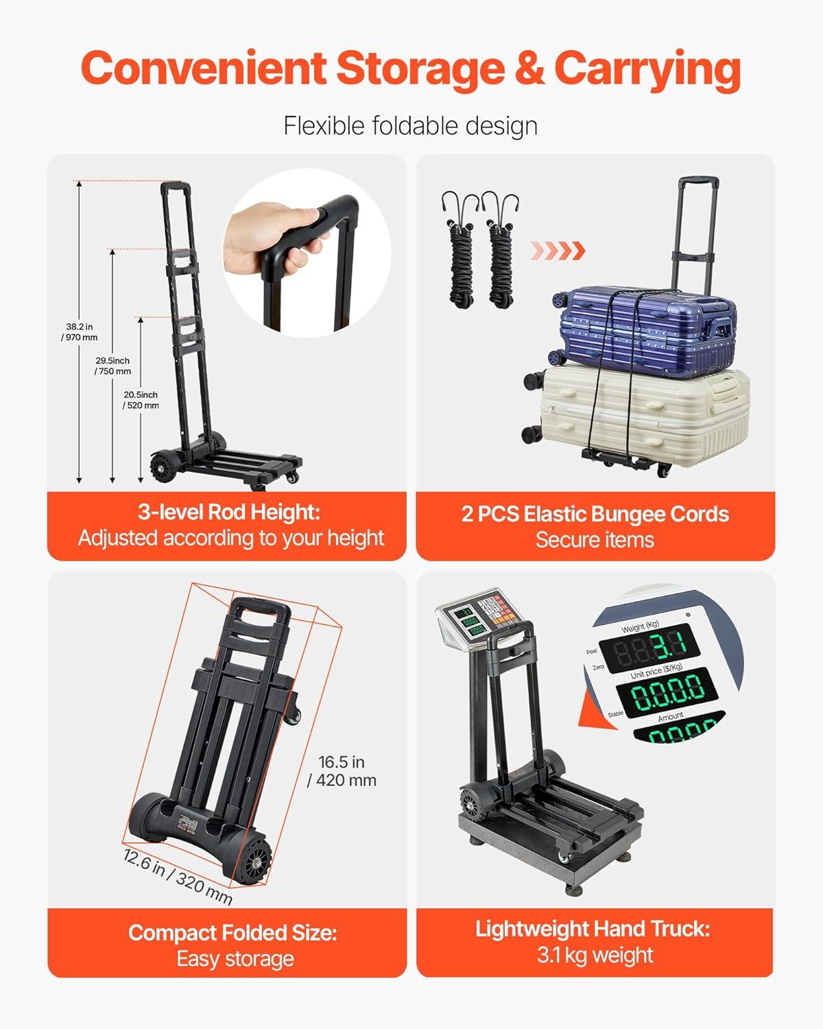 image:imageVEVOR Folding Hand Truck 110 lbs Load Capacity Collapsible Luggage Cart with 2 Wheels amp 1 Elastic Rope Utility Dolly Platform Cart for Airport Travel Furniture Luggage Office Moving Black290 lbs