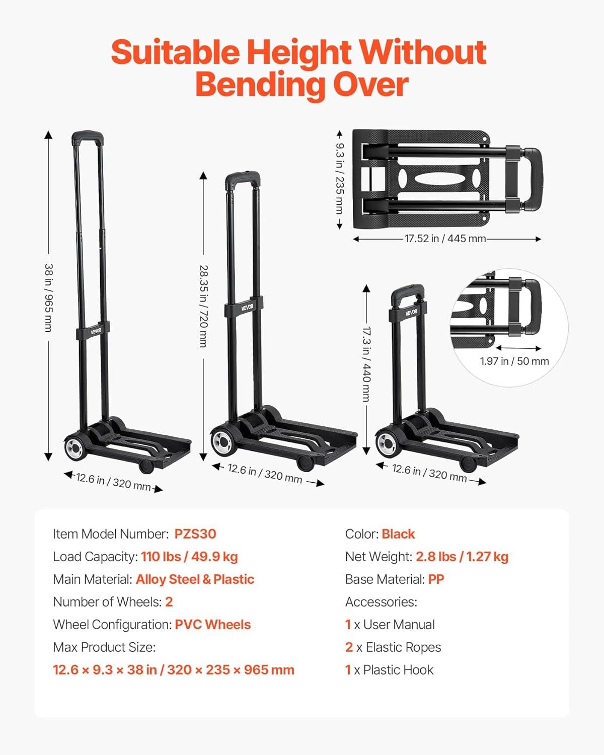 image:imageVEVOR Folding Hand Truck 110 lbs Load Capacity Collapsible Luggage Cart with 2 Wheels amp 1 Elastic Rope Utility Dolly Platform Cart for Airport Travel Furniture Luggage Office Moving Black110 lbs