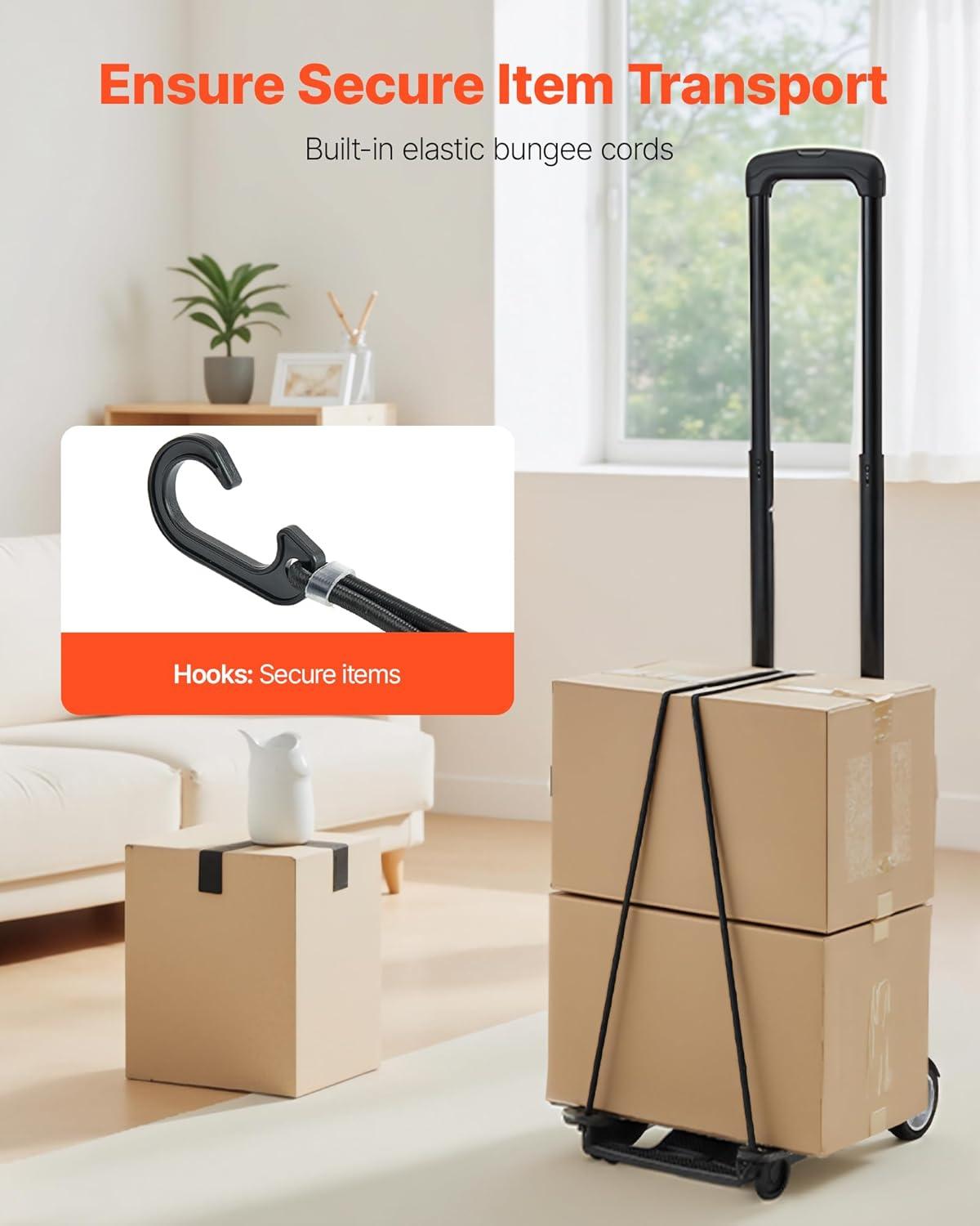 image:imageVEVOR Folding Hand Truck 110 lbs Load Capacity Collapsible Luggage Cart with 2 Wheels amp 1 Elastic Rope Utility Dolly Platform Cart for Airport Travel Furniture Luggage Office Moving Black110 lbs