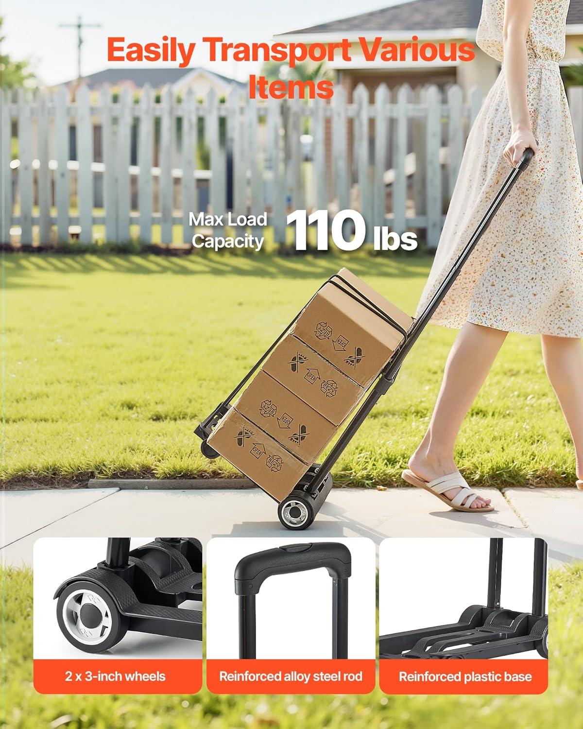 image:imageVEVOR Folding Hand Truck 110 lbs Load Capacity Collapsible Luggage Cart with 2 Wheels amp 1 Elastic Rope Utility Dolly Platform Cart for Airport Travel Furniture Luggage Office Moving Black110 lbs