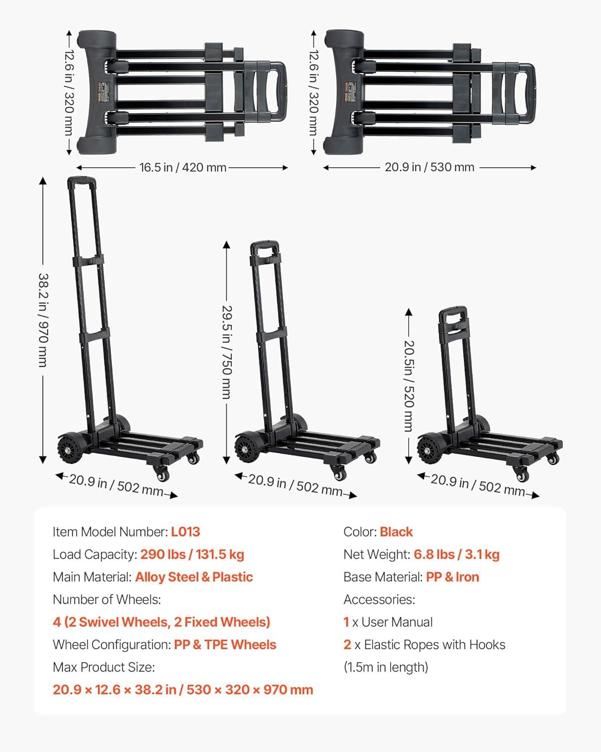 image:imageVEVOR Folding Hand Truck 110 lbs Load Capacity Collapsible Luggage Cart with 2 Wheels amp 1 Elastic Rope Utility Dolly Platform Cart for Airport Travel Furniture Luggage Office Moving Black290 lbs