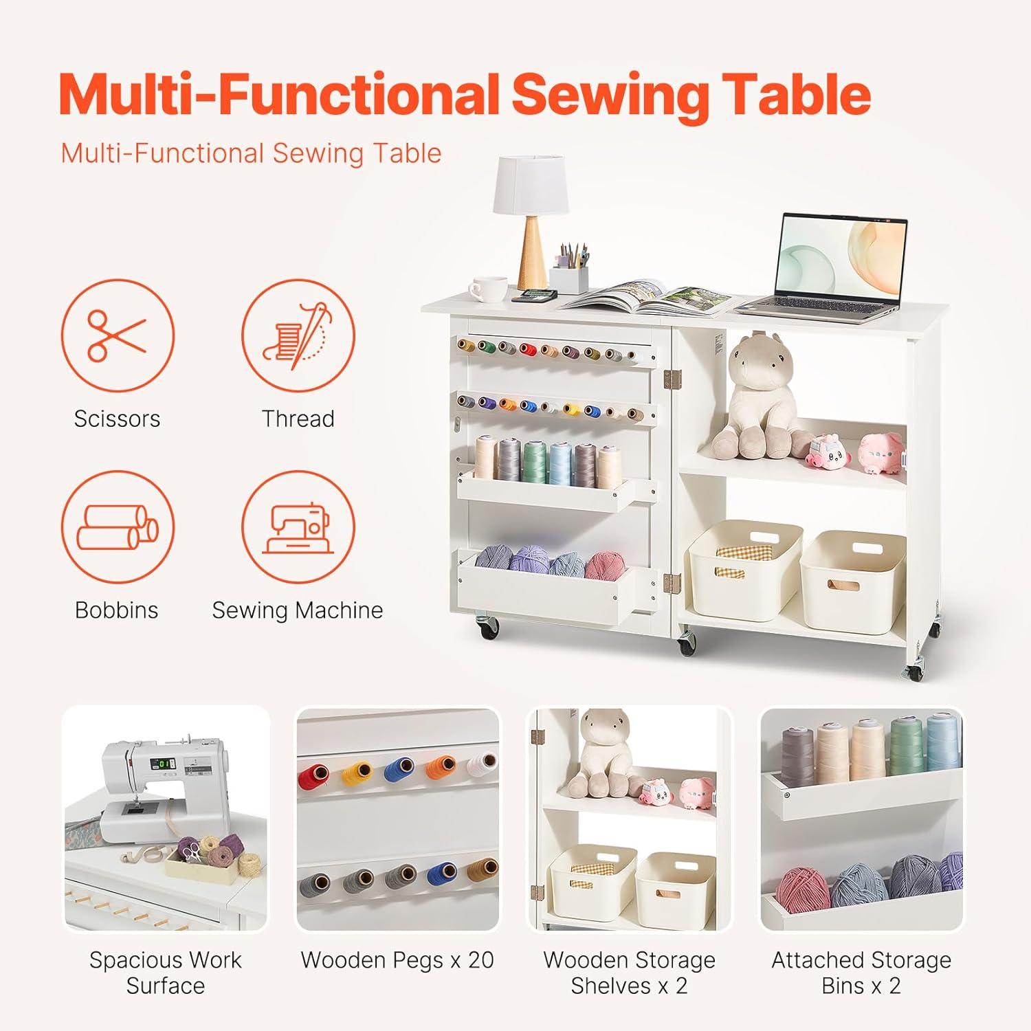 image:imageVEVOR Folding Sewing Table Multipurpose Sewing Machine Table with Cabinet Compact Design Wheels Wooden Pegs Storage Trays and Shelf Magnetic Door Craft Station and Side Desk for Home WhiteWhite wo Cabinet