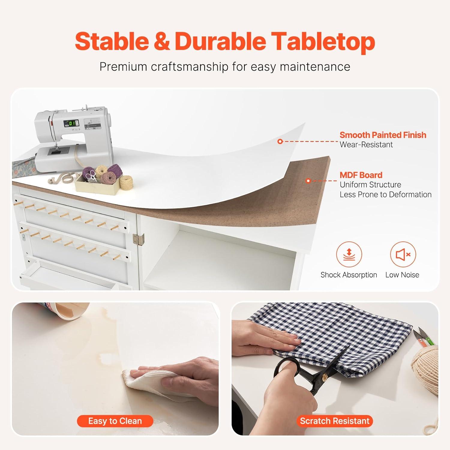 image:imageVEVOR Folding Sewing Table Multipurpose Sewing Machine Table with Cabinet Compact Design Wheels Wooden Pegs Storage Trays and Shelf Magnetic Door Craft Station and Side Desk for Home WhiteWhite wo Cabinet