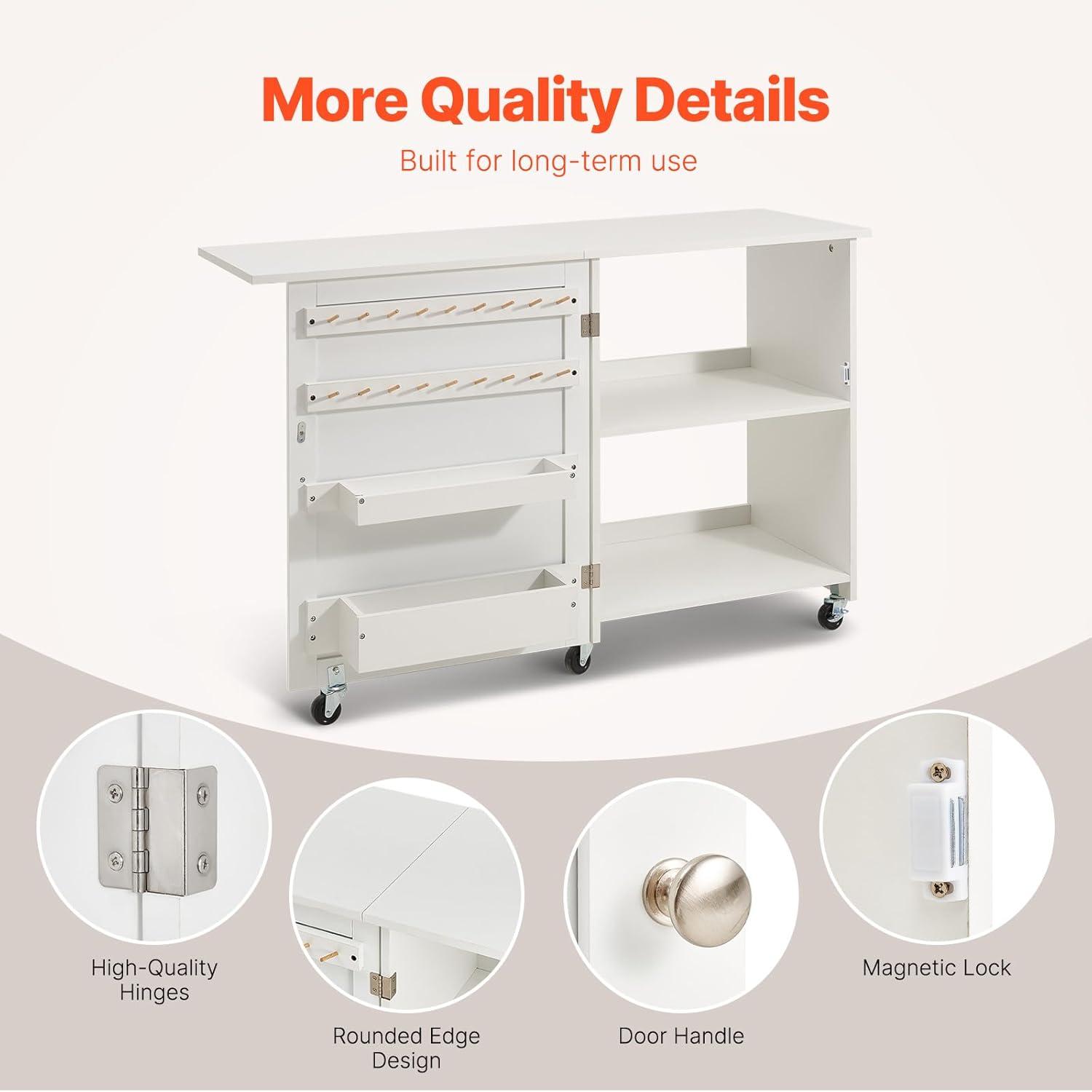 image:imageVEVOR Folding Sewing Table Multipurpose Sewing Machine Table with Cabinet Compact Design Wheels Wooden Pegs Storage Trays and Shelf Magnetic Door Craft Station and Side Desk for Home WhiteWhite wo Cabinet