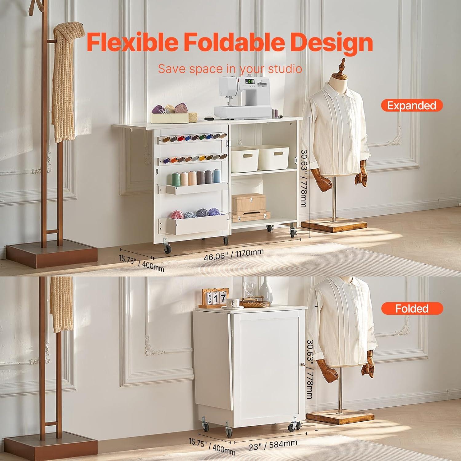 image:imageVEVOR Folding Sewing Table Multipurpose Sewing Machine Table with Cabinet Compact Design Wheels Wooden Pegs Storage Trays and Shelf Magnetic Door Craft Station and Side Desk for Home WhiteWhite wo Cabinet