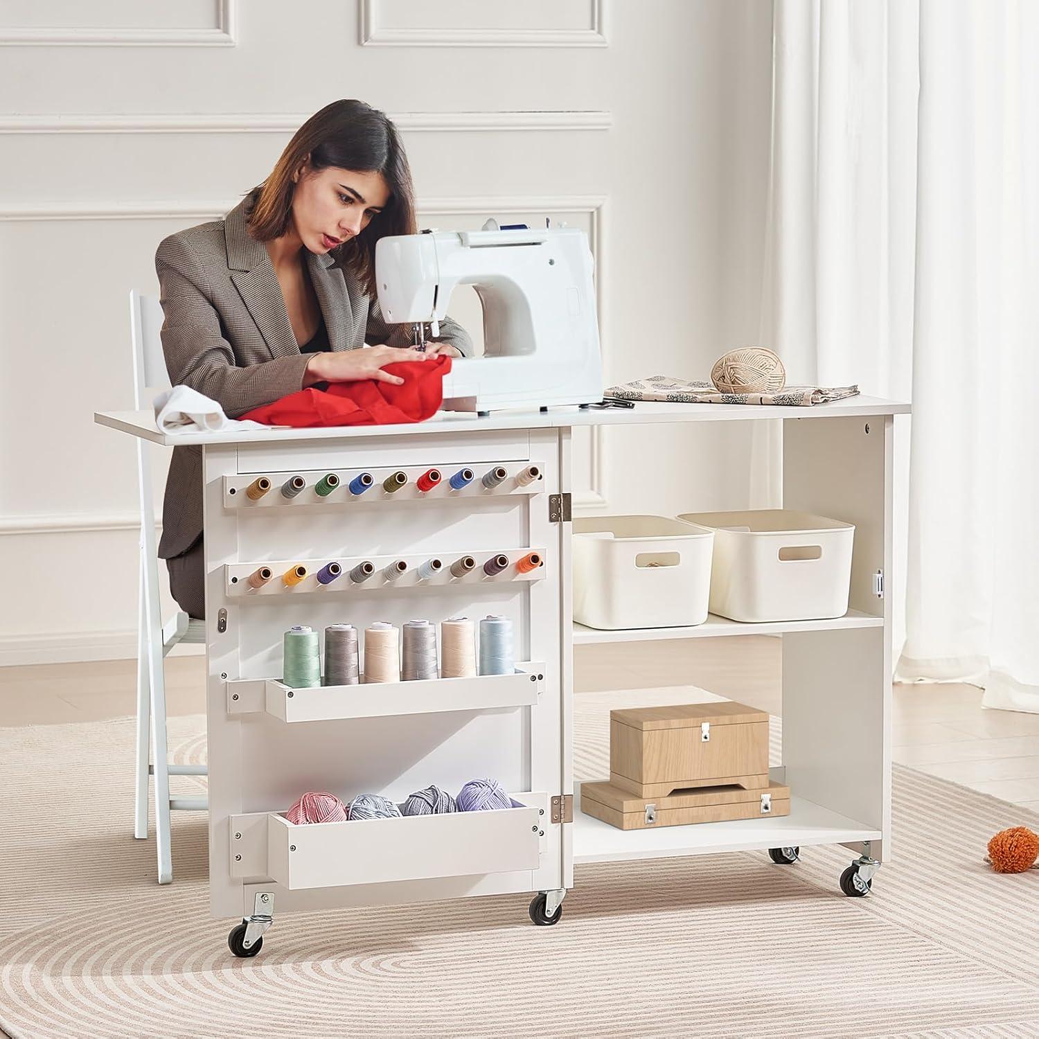 image:imageVEVOR Folding Sewing Table Multipurpose Sewing Machine Table with Cabinet Compact Design Wheels Wooden Pegs Storage Trays and Shelf Magnetic Door Craft Station and Side Desk for Home WhiteWhite wo Cabinet