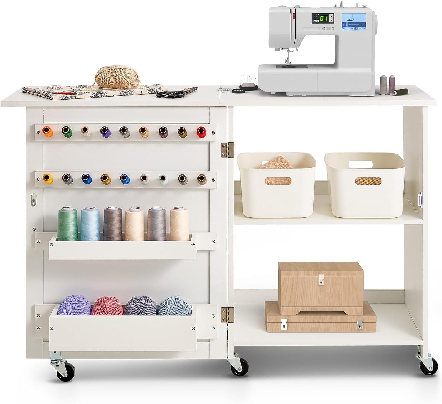 image:imageVEVOR Folding Sewing Table Multipurpose Sewing Machine Table with Cabinet Compact Design Wheels Wooden Pegs Storage Trays and Shelf Magnetic Door Craft Station and Side Desk for Home WhiteWhite wo Cabinet
