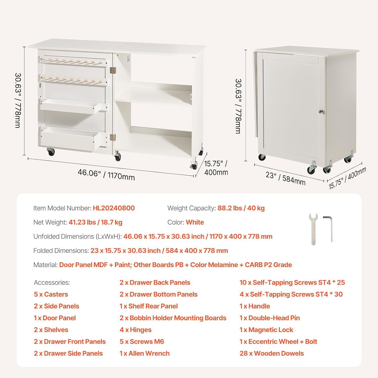 image:imageVEVOR Folding Sewing Table Multipurpose Sewing Machine Table with Cabinet Compact Design Wheels Wooden Pegs Storage Trays and Shelf Magnetic Door Craft Station and Side Desk for Home WhiteWhite wo Cabinet