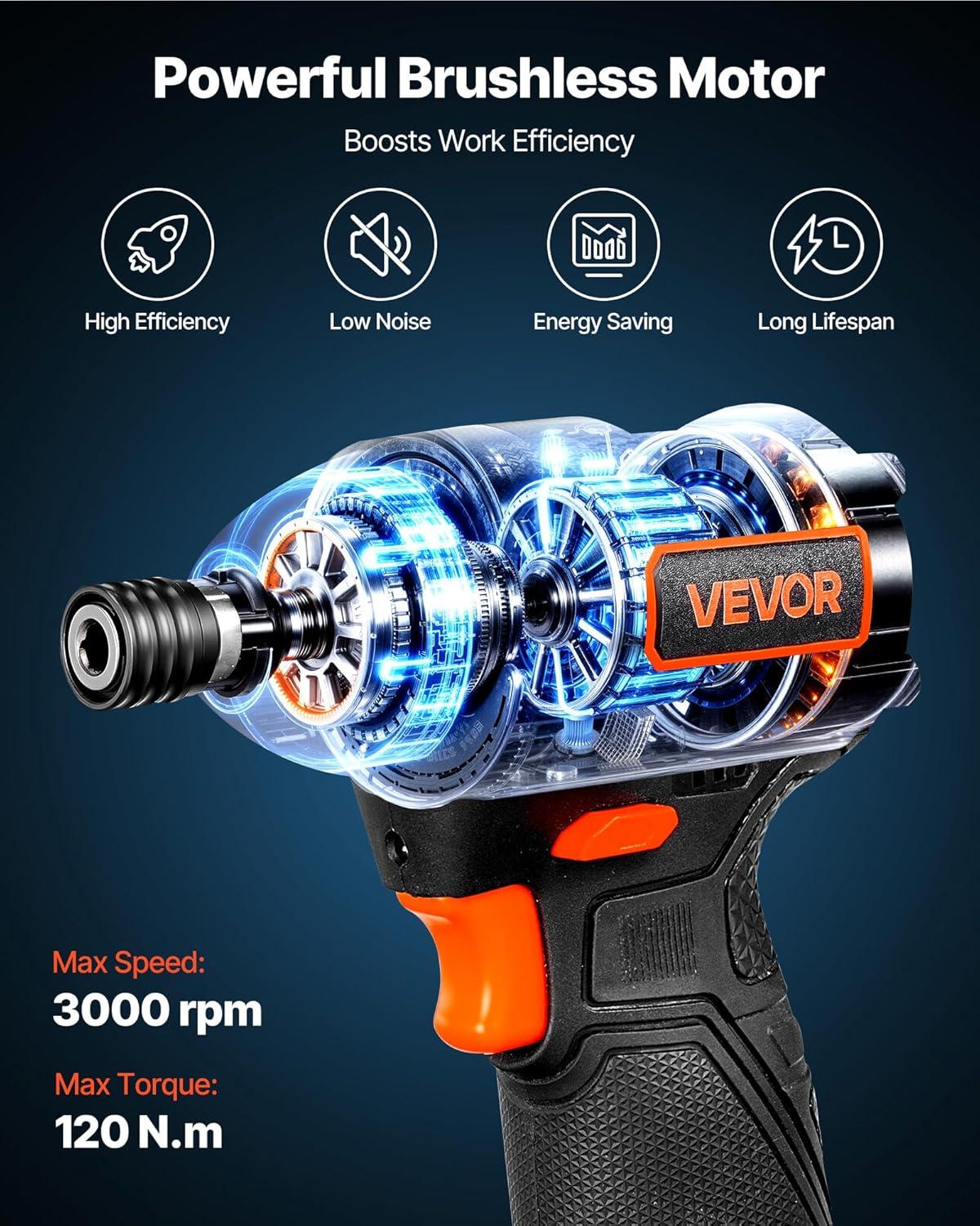 image:imageVEVOR Impact Driver 14 Inch 3000 RPM Max Speed 12 V Brushless Motor Electric Cordless Impact Driver Kit with Battery and Charger 20 Bits LED Work Light for Furniture Electrical Home Repairs120Nm 3400BPM