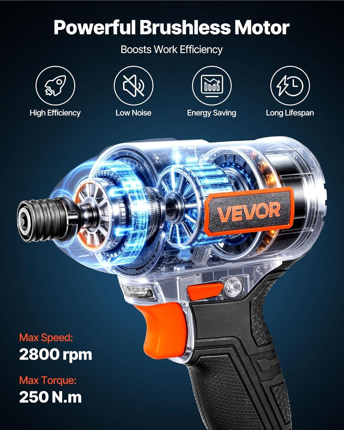 image:imageVEVOR Impact Driver 14 Inch 3000 RPM Max Speed 12 V Brushless Motor Electric Cordless Impact Driver Kit with Battery and Charger 20 Bits LED Work Light for Furniture Electrical Home Repairs250Nm 3600BPM