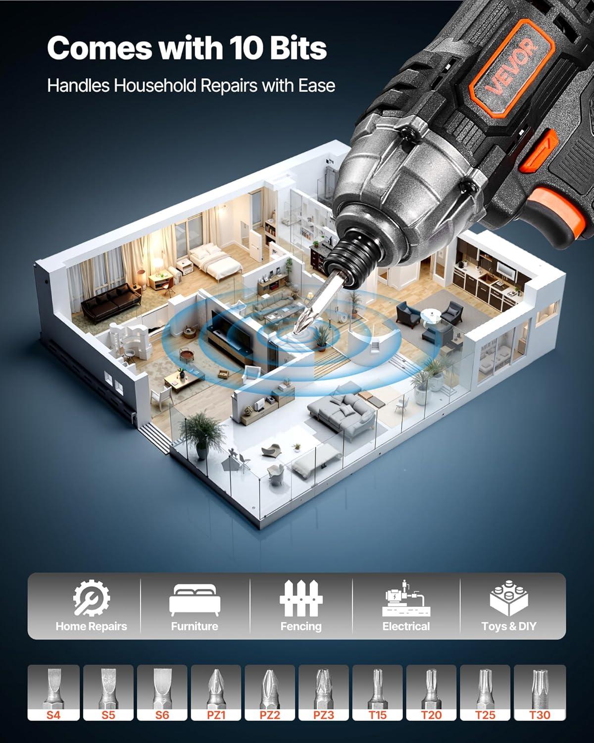 image:imageVEVOR Impact Driver 14 Inch 3000 RPM Max Speed 12 V Brushless Motor Electric Cordless Impact Driver Kit with Battery and Charger 20 Bits LED Work Light for Furniture Electrical Home Repairs180nm 2800bpm