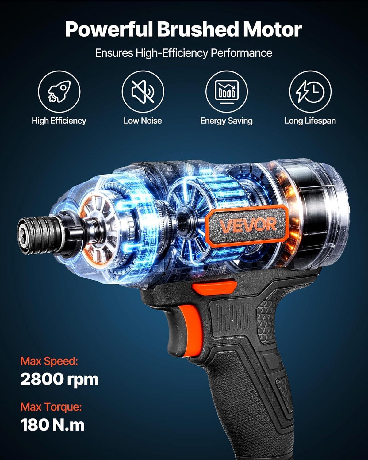 image:imageVEVOR Impact Driver 14 Inch 3000 RPM Max Speed 12 V Brushless Motor Electric Cordless Impact Driver Kit with Battery and Charger 20 Bits LED Work Light for Furniture Electrical Home Repairs180nm 2800bpm