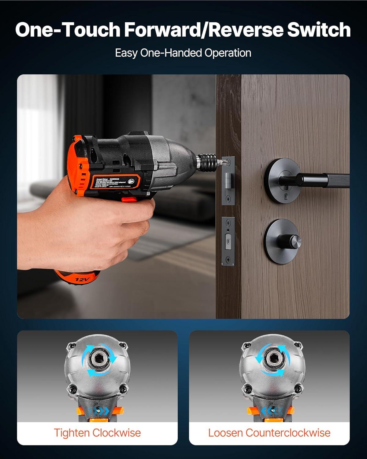 image:imageVEVOR Impact Driver 14 Inch 3000 RPM Max Speed 12 V Brushless Motor Electric Cordless Impact Driver Kit with Battery and Charger 20 Bits LED Work Light for Furniture Electrical Home Repairs120Nm 3400BPM