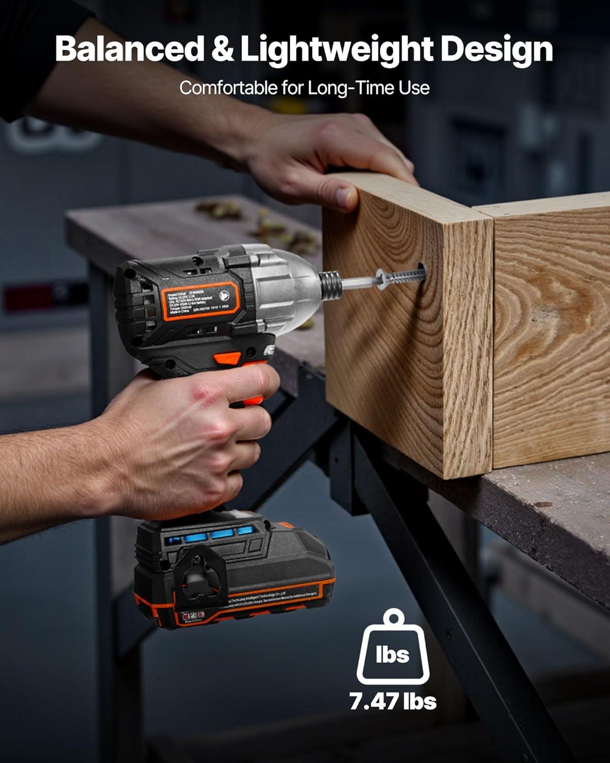 image:imageVEVOR Impact Driver 14 Inch 3000 RPM Max Speed 12 V Brushless Motor Electric Cordless Impact Driver Kit with Battery and Charger 20 Bits LED Work Light for Furniture Electrical Home Repairs250Nm 3600BPM