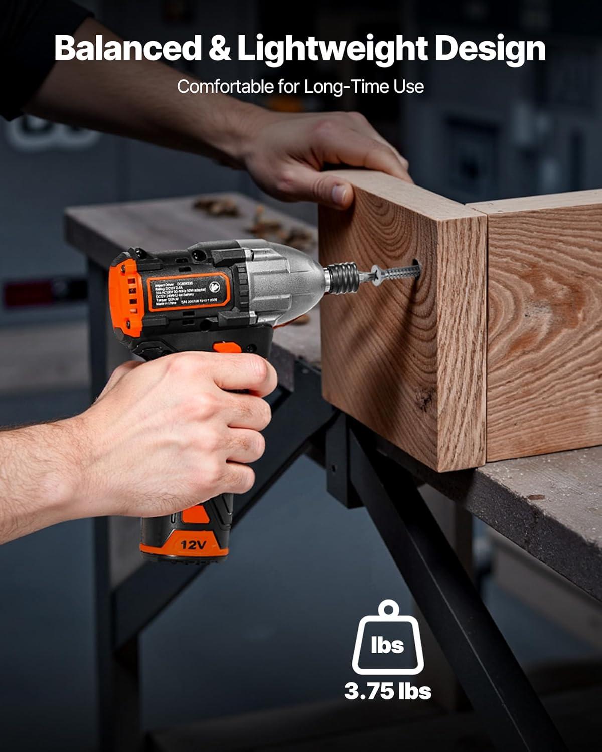 image:imageVEVOR Impact Driver 14 Inch 3000 RPM Max Speed 12 V Brushless Motor Electric Cordless Impact Driver Kit with Battery and Charger 20 Bits LED Work Light for Furniture Electrical Home Repairs120Nm 3400BPM