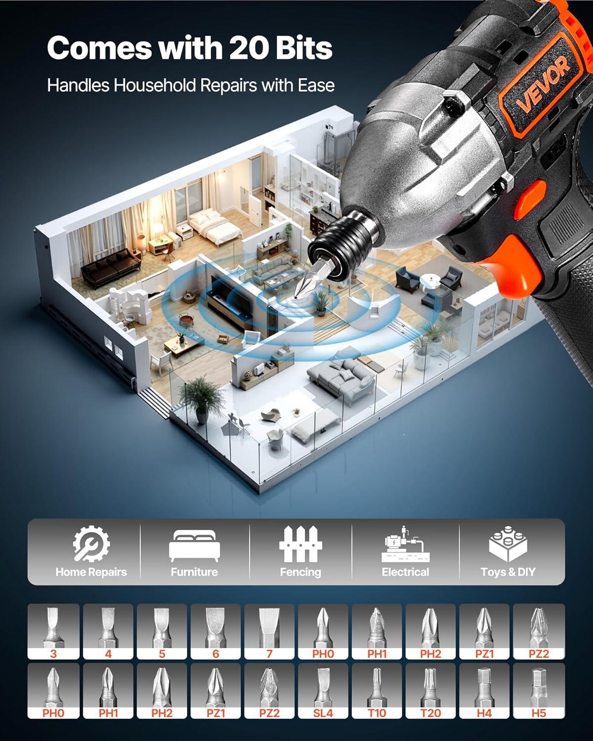 image:imageVEVOR Impact Driver 14 Inch 3000 RPM Max Speed 12 V Brushless Motor Electric Cordless Impact Driver Kit with Battery and Charger 20 Bits LED Work Light for Furniture Electrical Home Repairs120Nm 3400BPM