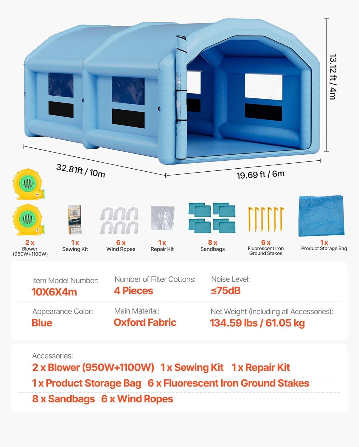 image:imageVEVOR Inflatable Paint Booth 3937 x 1640 x 1312 ft Inflatable Spray Booth with 950W1100W Blowers Air Filter System Triangular Roof for Painting Car Truck Furniture Automotive Sheet Metal33x20x13Ft