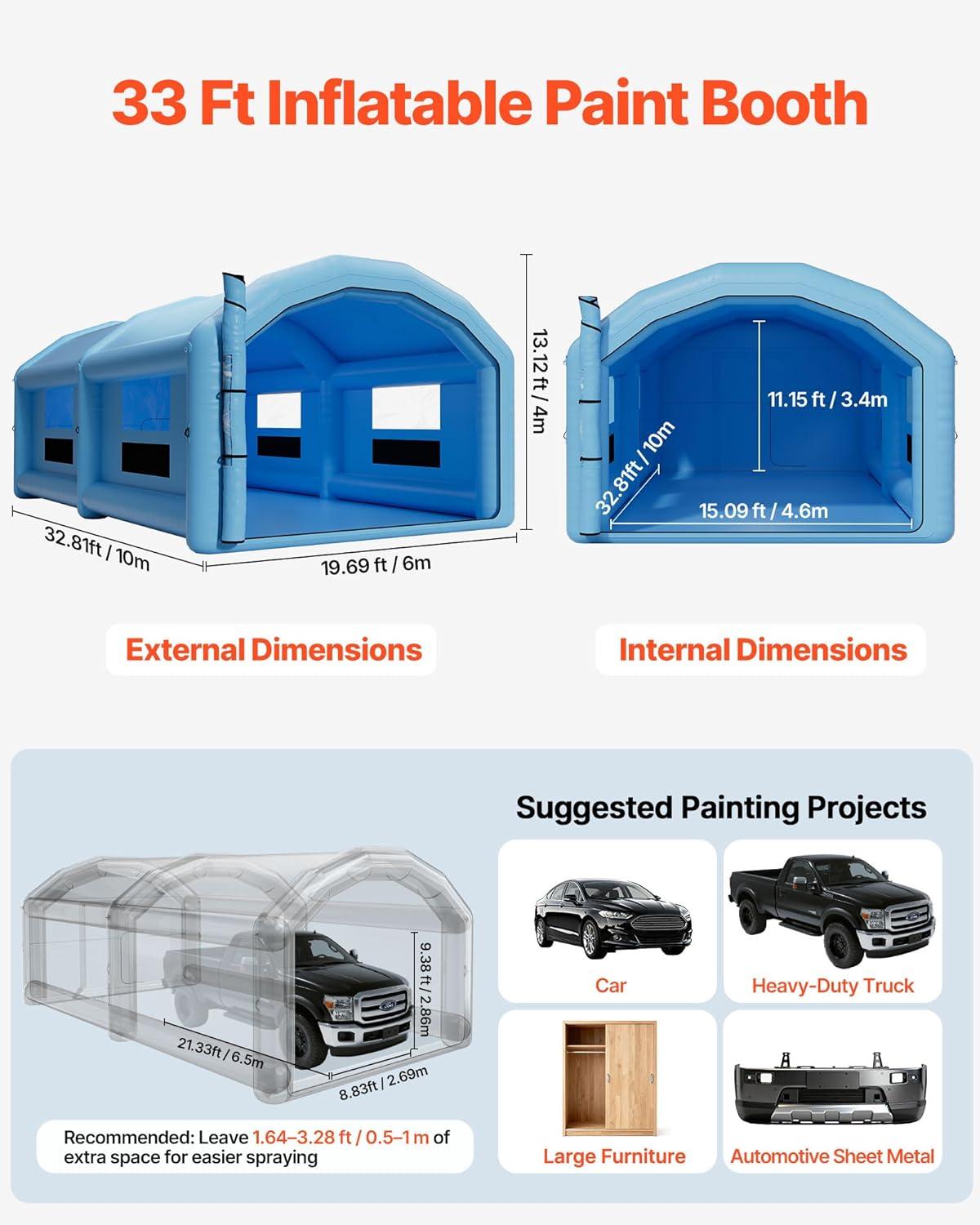 image:imageVEVOR Inflatable Paint Booth 3937 x 1640 x 1312 ft Inflatable Spray Booth with 950W1100W Blowers Air Filter System Triangular Roof for Painting Car Truck Furniture Automotive Sheet Metal33x20x13Ft