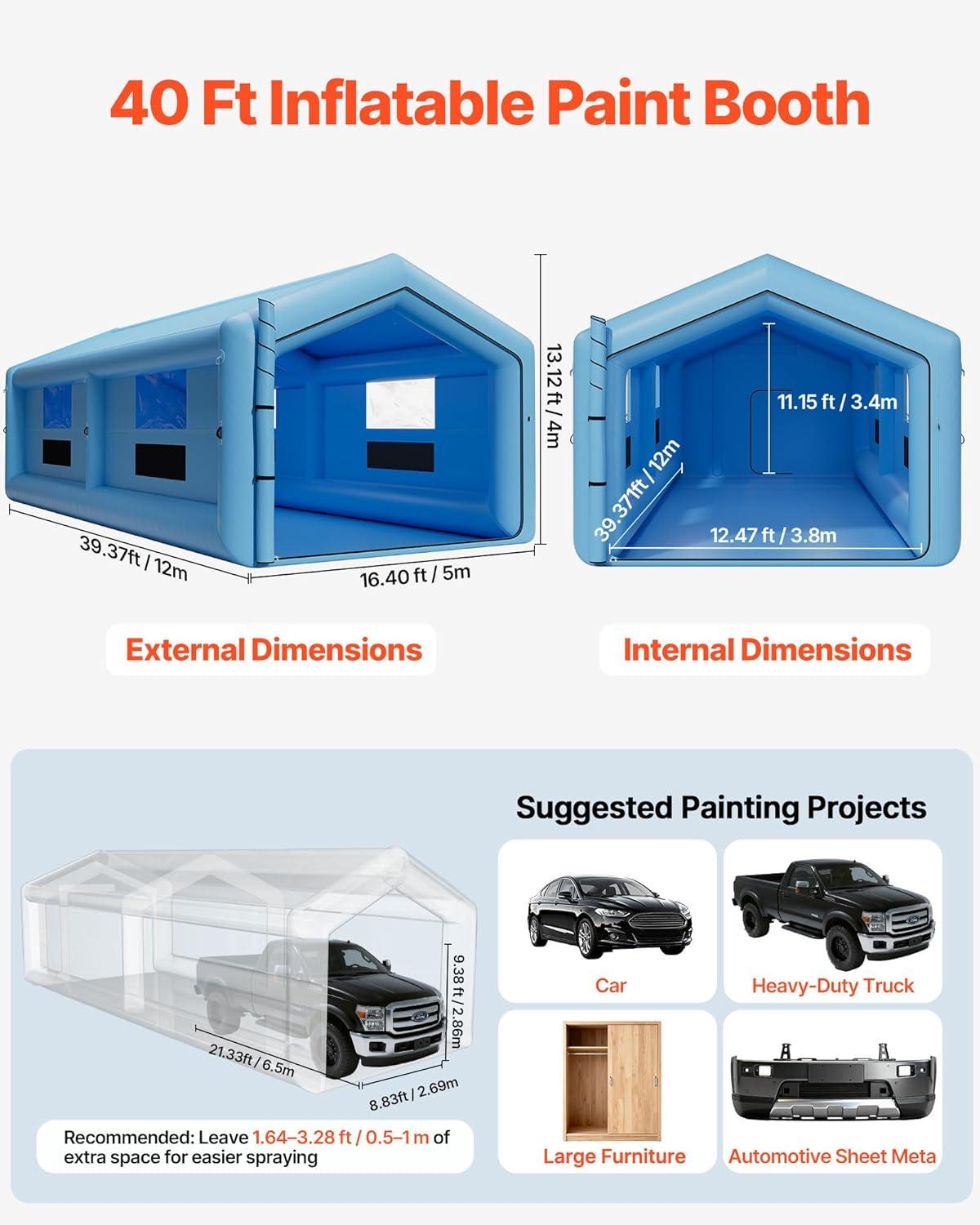 image:imageVEVOR Inflatable Paint Booth 3937 x 1640 x 1312 ft Inflatable Spray Booth with 950W1100W Blowers Air Filter System Triangular Roof for Painting Car Truck Furniture Automotive Sheet Metal39x16x13Ft