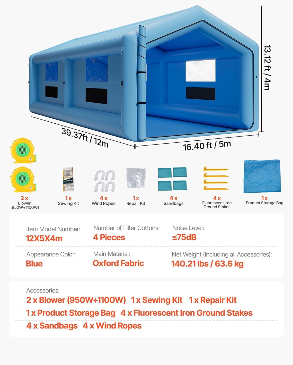 image:imageVEVOR Inflatable Paint Booth 3937 x 1640 x 1312 ft Inflatable Spray Booth with 950W1100W Blowers Air Filter System Triangular Roof for Painting Car Truck Furniture Automotive Sheet Metal39x16x13Ft