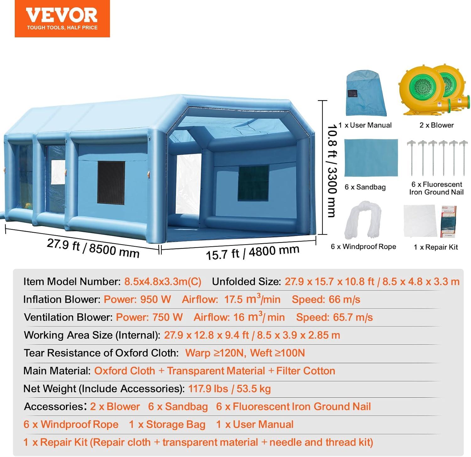 image:imageVEVOR Inflatable Paint Booth 98 x 82 x 82 ft Inflatable Spray Booth with 550W Powerful Blower and Air Filter System Portable Car Paint Booth for Motorcycle Bicycle Small Furniture Painting28x16x11Ft