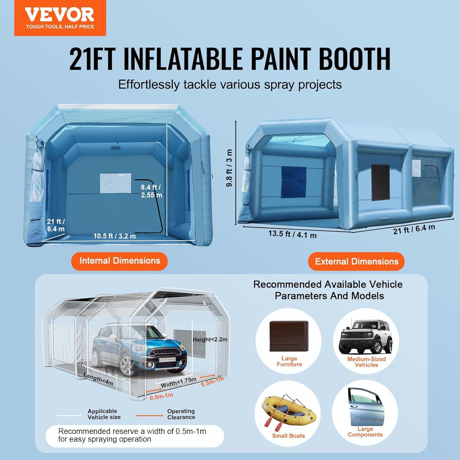 image:imageVEVOR Inflatable Paint Booth 98 x 82 x 82 ft Inflatable Spray Booth with 550W Powerful Blower and Air Filter System Portable Car Paint Booth for Motorcycle Bicycle Small Furniture Painting21x135x10ft