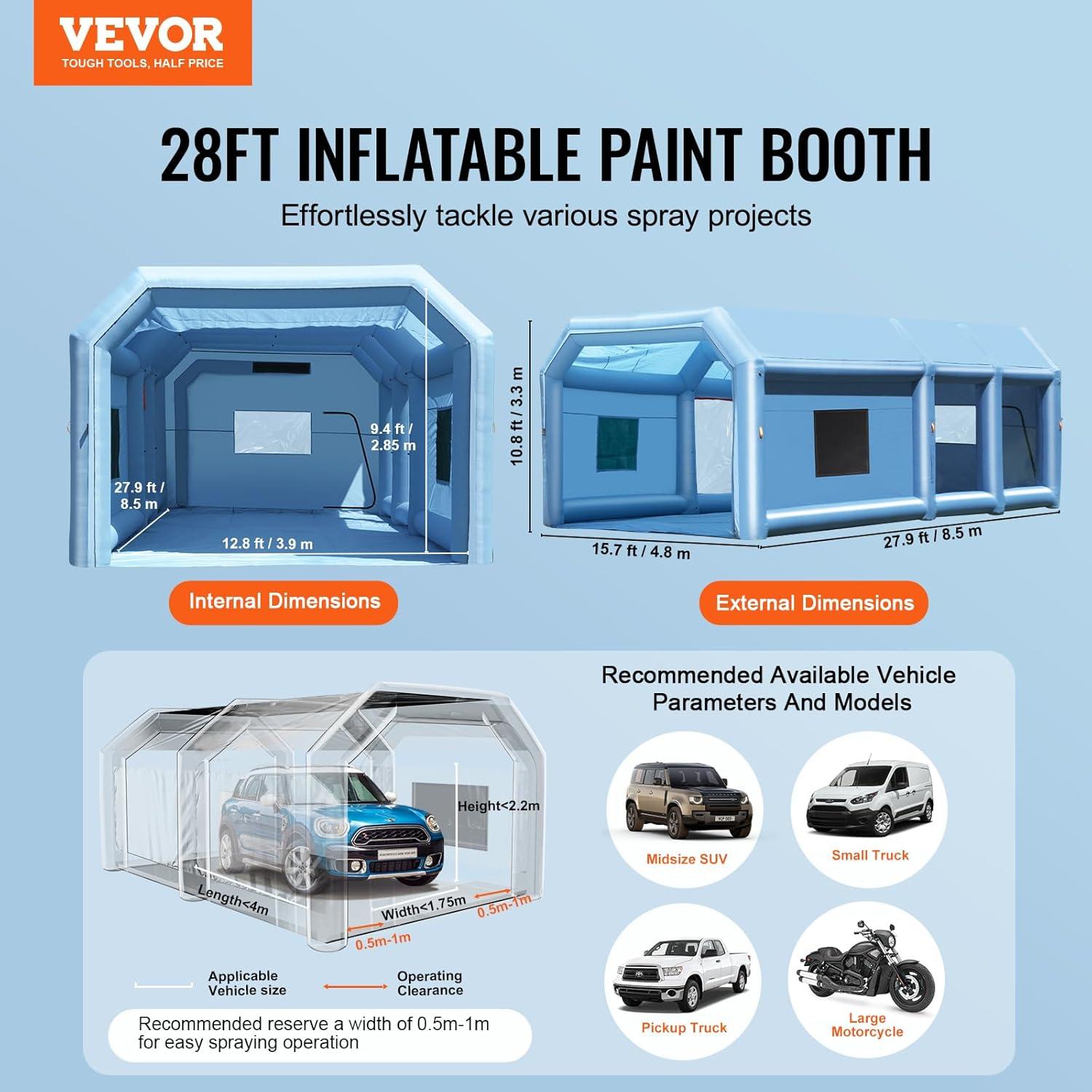 image:imageVEVOR Inflatable Paint Booth 98 x 82 x 82 ft Inflatable Spray Booth with 550W Powerful Blower and Air Filter System Portable Car Paint Booth for Motorcycle Bicycle Small Furniture Painting28x16x11Ft