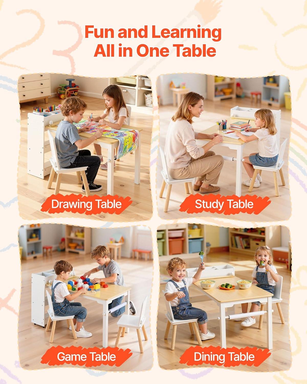 image:imageVEVOR Kids Art Table and Chair Set Toddler Activity Table with Storage Wood Kids Craft Desk with Paper Roll for Drawing Reading Writing Kid Play Table for Nursery Playroom Classroom WhiteWhite