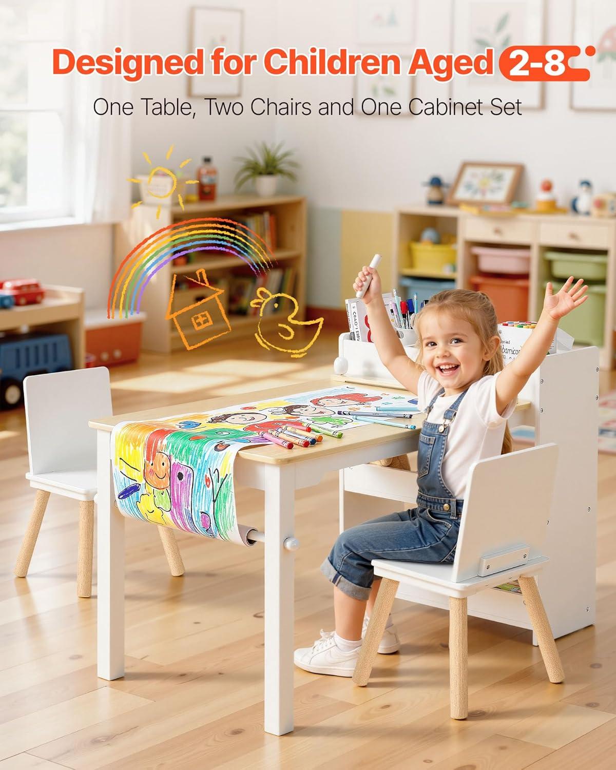 image:imageVEVOR Kids Art Table and Chair Set Toddler Activity Table with Storage Wood Kids Craft Desk with Paper Roll for Drawing Reading Writing Kid Play Table for Nursery Playroom Classroom WhiteWhite