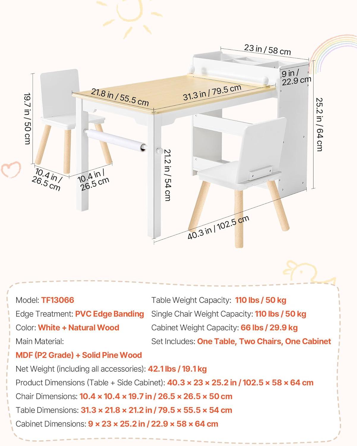 image:imageVEVOR Kids Art Table and Chair Set Toddler Activity Table with Storage Wood Kids Craft Desk with Paper Roll for Drawing Reading Writing Kid Play Table for Nursery Playroom Classroom WhiteWhite