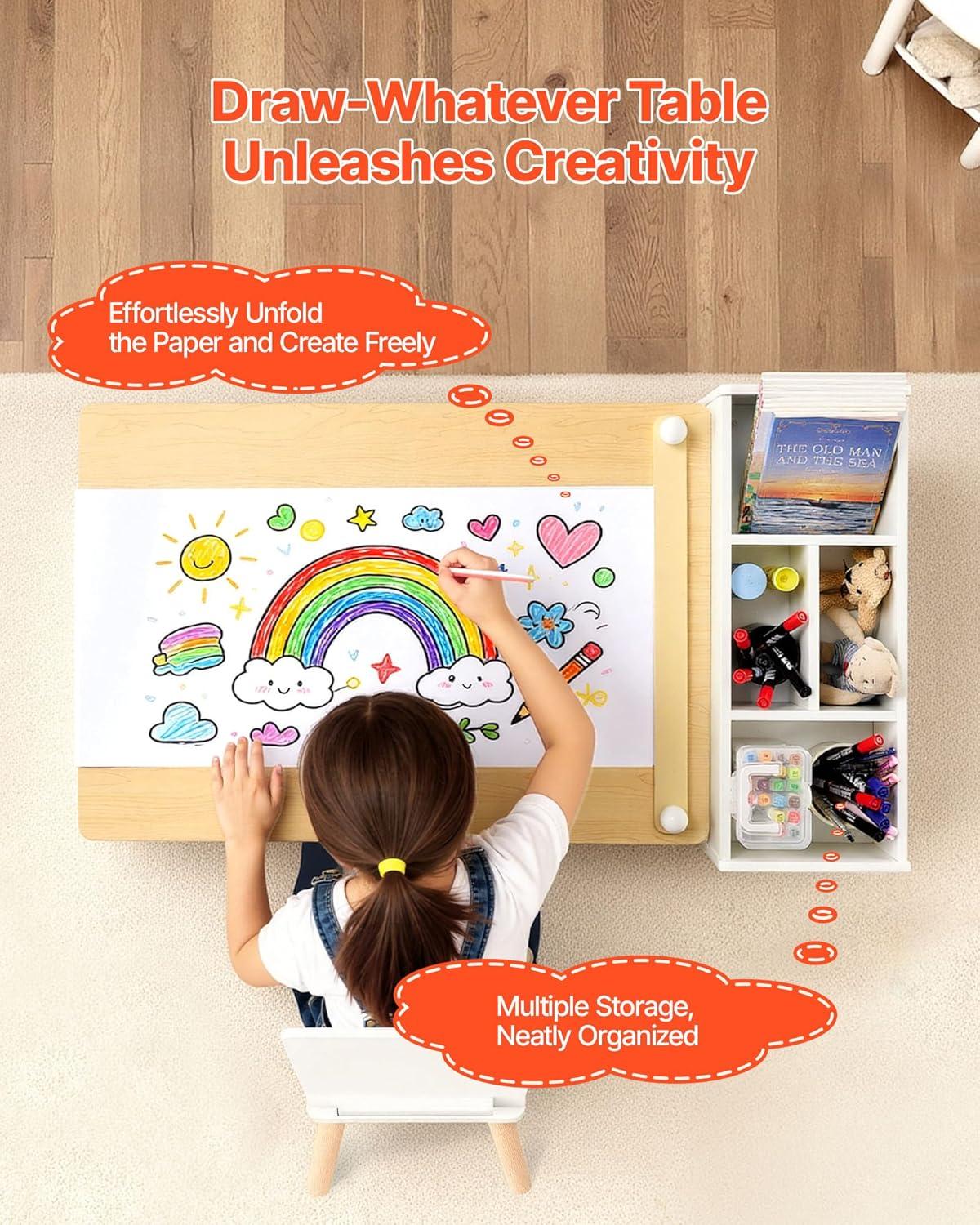image:imageVEVOR Kids Art Table and Chair Set Toddler Activity Table with Storage Wood Kids Craft Desk with Paper Roll for Drawing Reading Writing Kid Play Table for Nursery Playroom Classroom WhiteWhite
