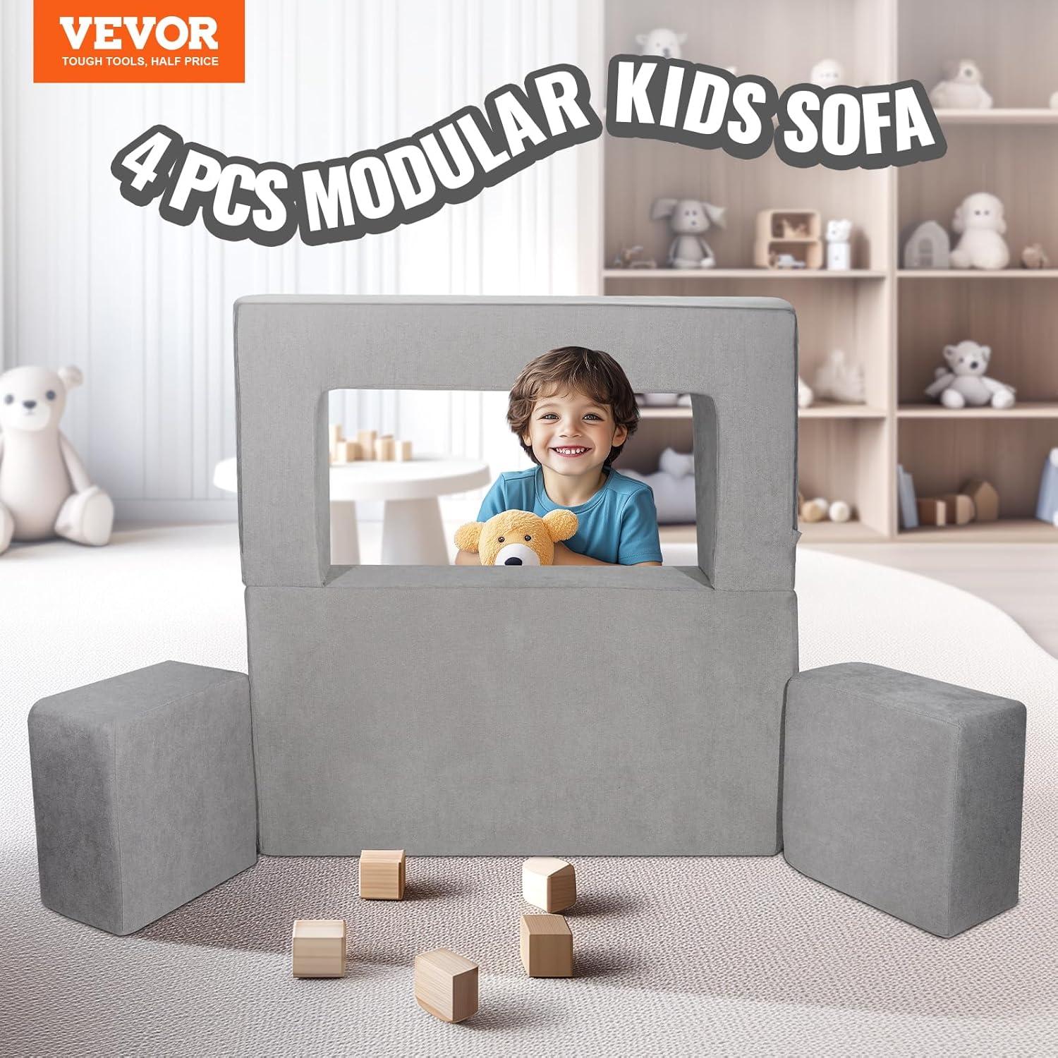 image:imageVEVOR Kids Couch 4Pcs Toddler Couch Sofa Bed Kids Chair Seat Playroom Furniture Child Sectional Sofa with Removable Cover for Kids Girls amp Boys Dark GreyGrey