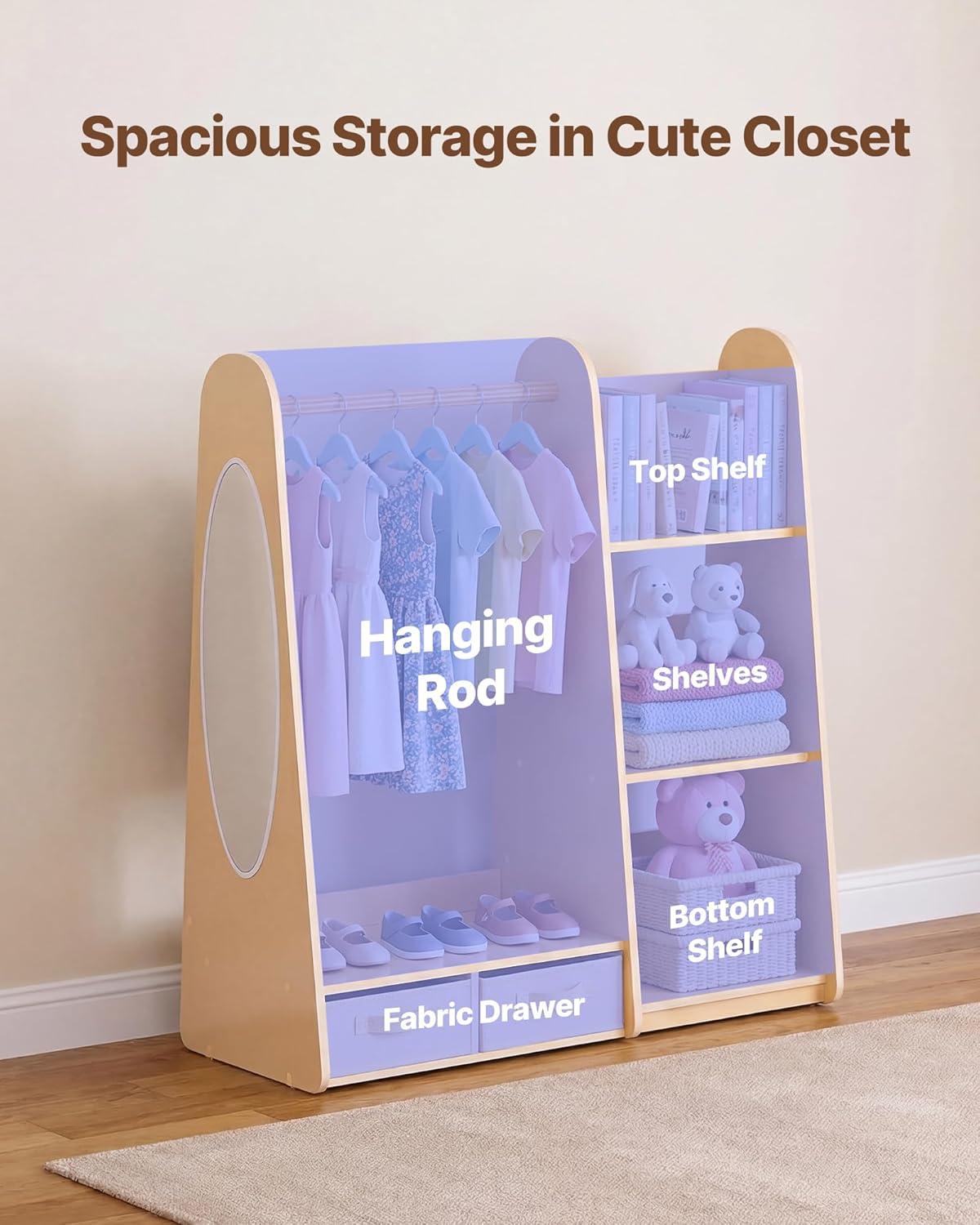 image:imageVEVOR Kids Dress Up Storage with Mirror Wooden Kids Dress Up Rack Toddler Wardrobe Closet for Little Girls Storage Armoire Costume Organizer Children Playroom Furniture for Bedroom NaturalWood
