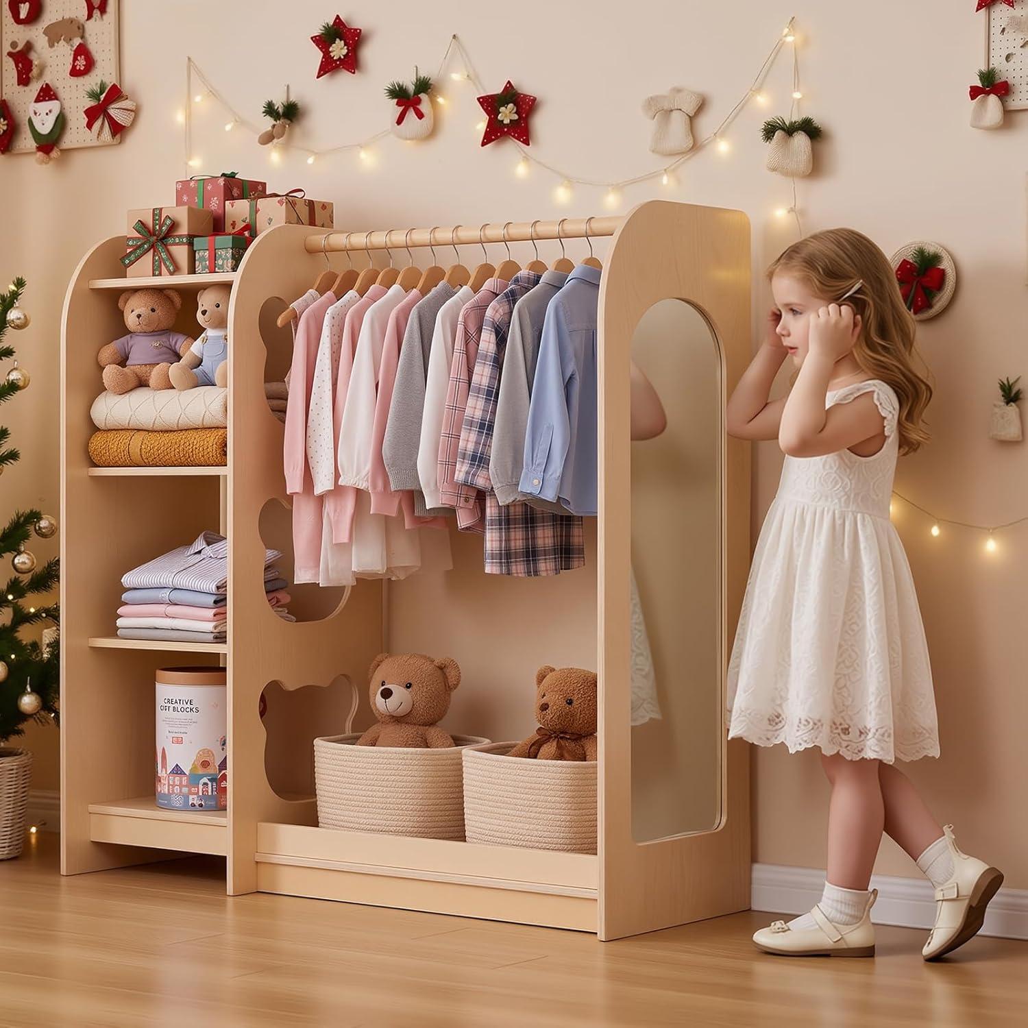 image:imageVEVOR Kids Dress Up Storage with Mirror Wooden Kids Dress Up Rack Toddler Wardrobe Closet for Little Girls Storage Armoire Costume Organizer Children Playroom Furniture for Bedroom NaturalWood