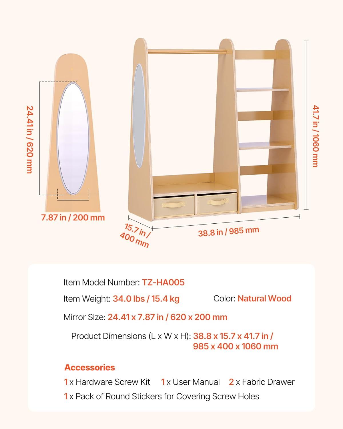 image:imageVEVOR Kids Dress Up Storage with Mirror Wooden Kids Dress Up Rack Toddler Wardrobe Closet for Little Girls Storage Armoire Costume Organizer Children Playroom Furniture for Bedroom NaturalWood