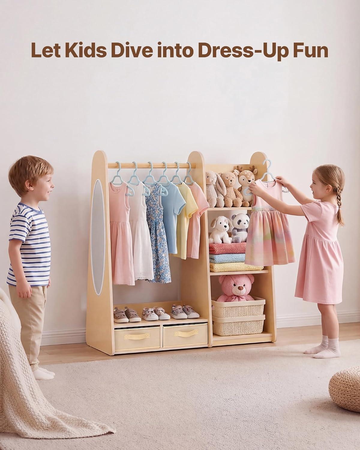 image:imageVEVOR Kids Dress Up Storage with Mirror Wooden Kids Dress Up Rack Toddler Wardrobe Closet for Little Girls Storage Armoire Costume Organizer Children Playroom Furniture for Bedroom NaturalWood