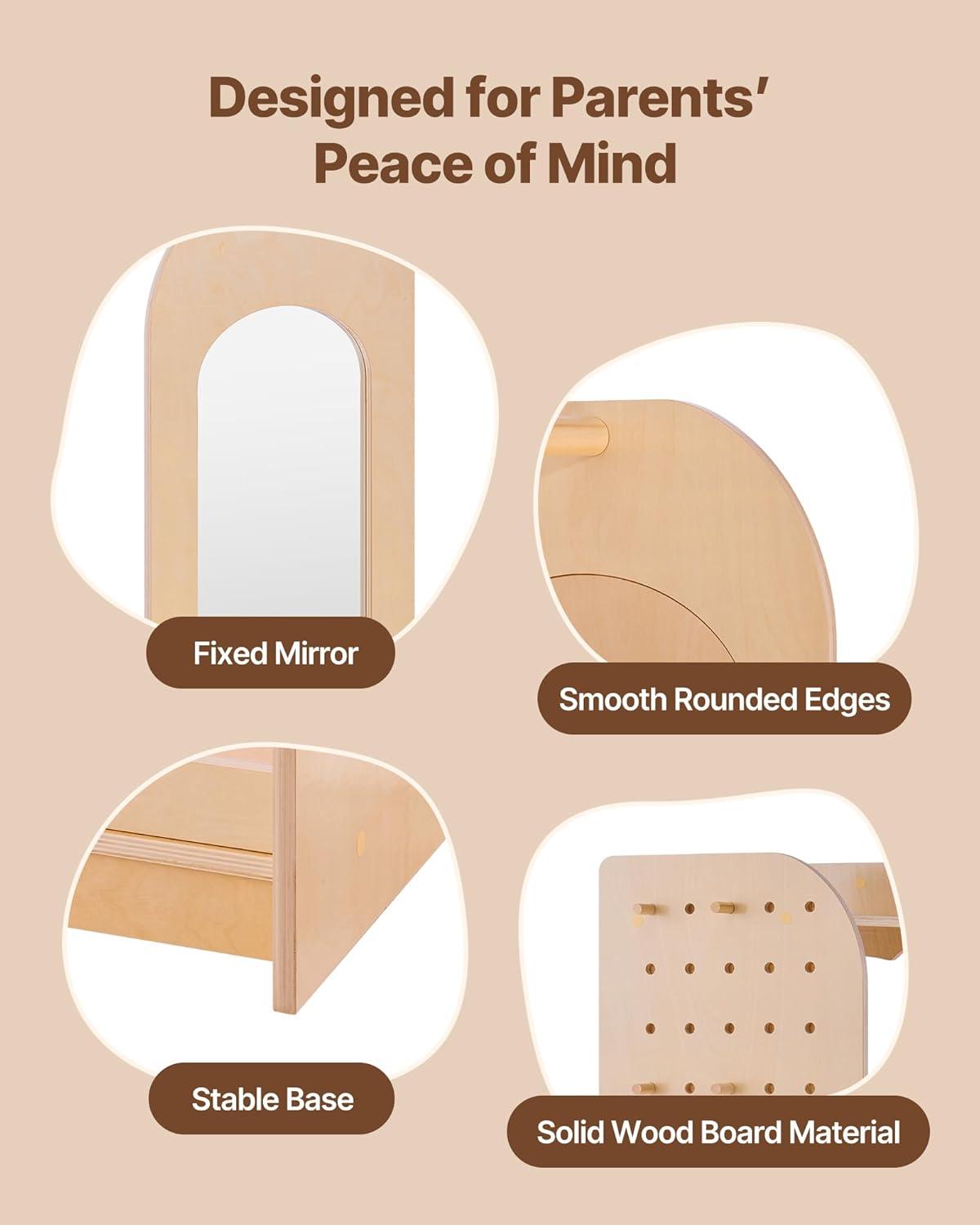 image:imageVEVOR Kids Dress Up Storage with Mirror Wooden Kids Dress Up Rack Toddler Wardrobe Closet for Little Girls Storage Armoire Costume Organizer Children Playroom Furniture for Bedroom NaturalWood