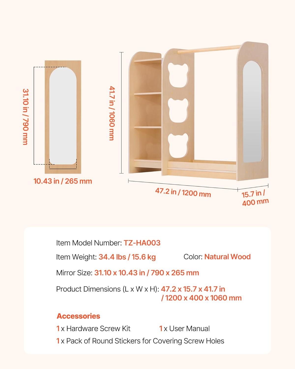 image:imageVEVOR Kids Dress Up Storage with Mirror Wooden Kids Dress Up Rack Toddler Wardrobe Closet for Little Girls Storage Armoire Costume Organizer Children Playroom Furniture for Bedroom NaturalWood