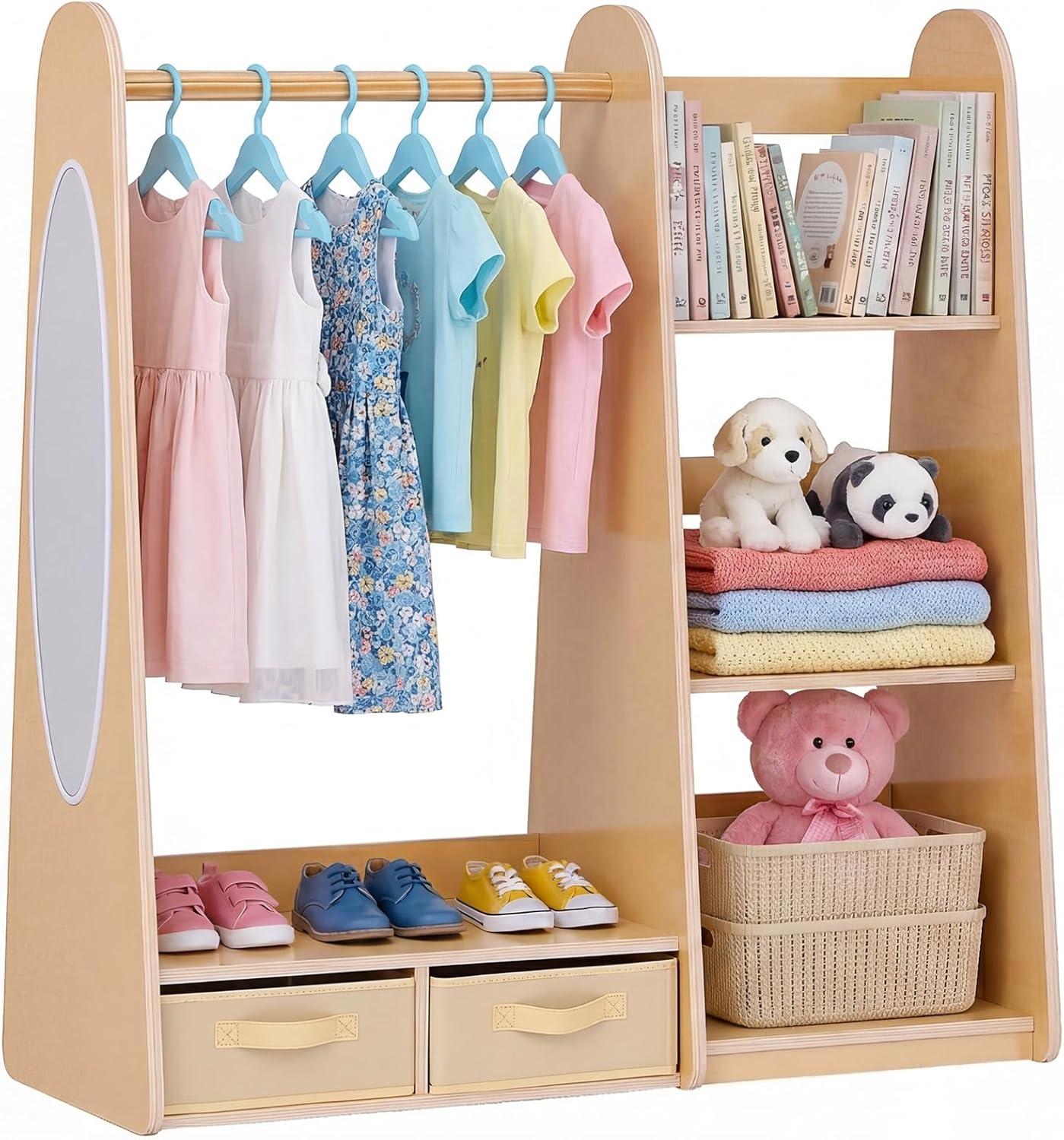 image:imageVEVOR Kids Dress Up Storage with Mirror Wooden Kids Dress Up Rack Toddler Wardrobe Closet for Little Girls Storage Armoire Costume Organizer Children Playroom Furniture for Bedroom NaturalWood
