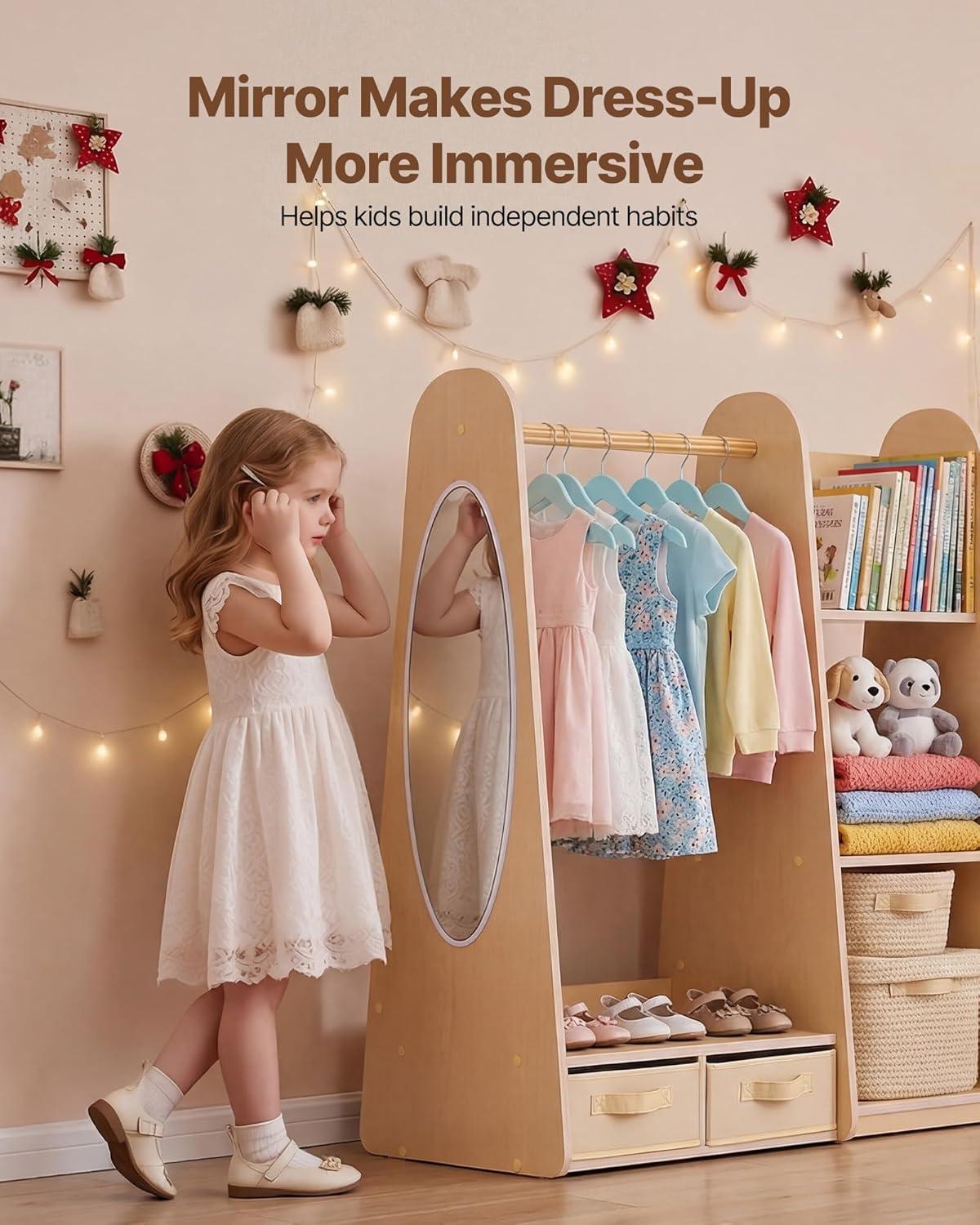image:imageVEVOR Kids Dress Up Storage with Mirror Wooden Kids Dress Up Rack Toddler Wardrobe Closet for Little Girls Storage Armoire Costume Organizer Children Playroom Furniture for Bedroom NaturalWood