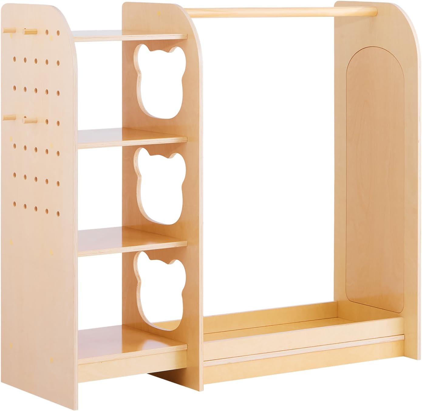 image:imageVEVOR Kids Dress Up Storage with Mirror Wooden Kids Dress Up Rack Toddler Wardrobe Closet for Little Girls Storage Armoire Costume Organizer Children Playroom Furniture for Bedroom NaturalWood