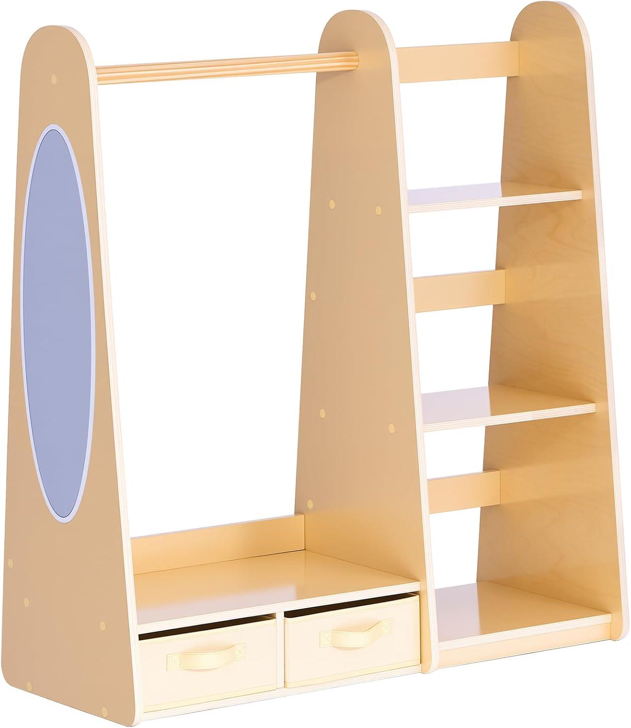 image:imageVEVOR Kids Dress Up Storage with Mirror Wooden Kids Dress Up Rack Toddler Wardrobe Closet for Little Girls Storage Armoire Costume Organizer Children Playroom Furniture for Bedroom NaturalWood