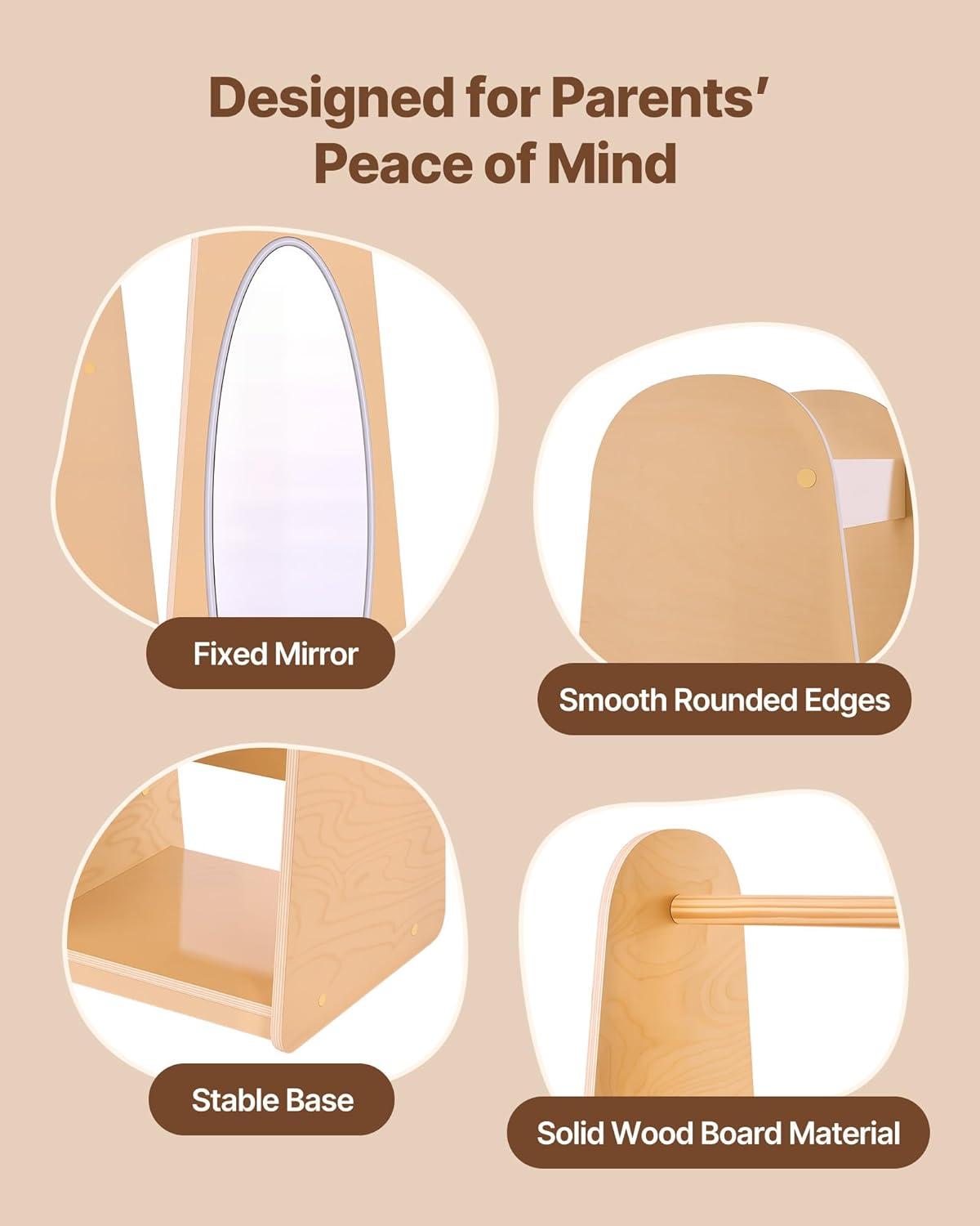 image:imageVEVOR Kids Dress Up Storage with Mirror Wooden Kids Dress Up Rack Toddler Wardrobe Closet for Little Girls Storage Armoire Costume Organizer Children Playroom Furniture for Bedroom NaturalWood