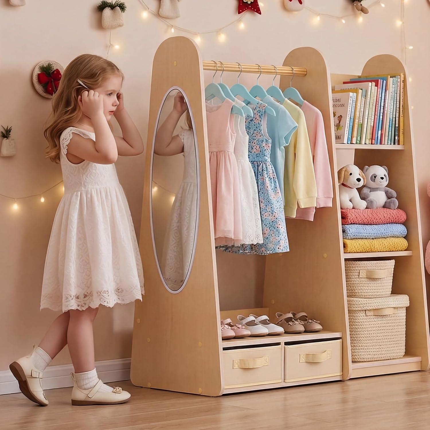 image:imageVEVOR Kids Dress Up Storage with Mirror Wooden Kids Dress Up Rack Toddler Wardrobe Closet for Little Girls Storage Armoire Costume Organizer Children Playroom Furniture for Bedroom NaturalWood