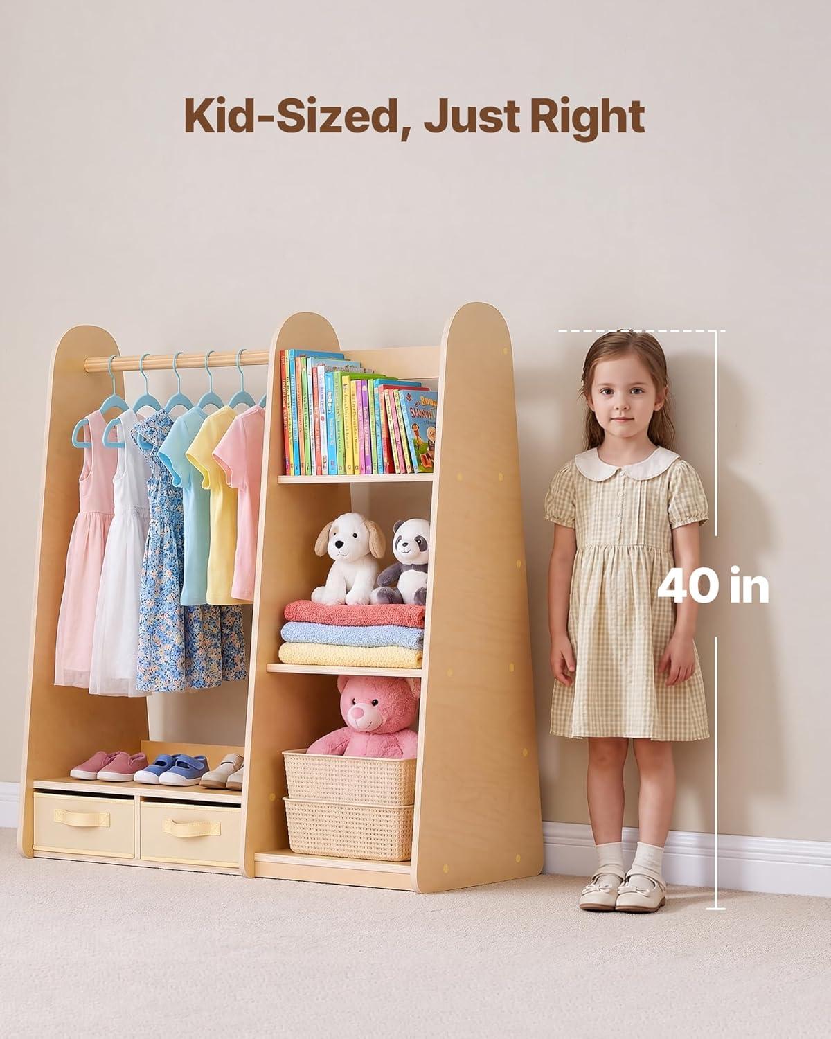 image:imageVEVOR Kids Dress Up Storage with Mirror Wooden Kids Dress Up Rack Toddler Wardrobe Closet for Little Girls Storage Armoire Costume Organizer Children Playroom Furniture for Bedroom NaturalWood