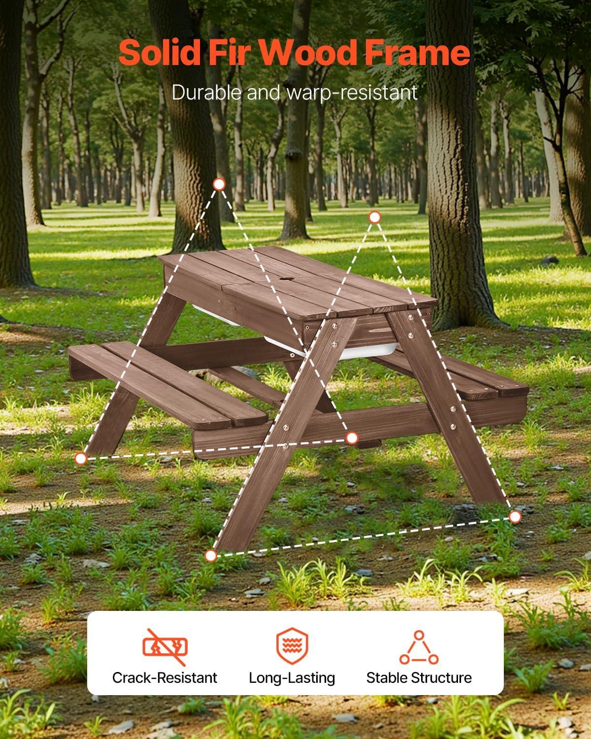 image:imageVEVOR Kids Picnic Table with Umbrella 3in1 Sand amp Water Table Outdoor Wooden Table and Bench Set with 2 Trays 4People Patio Dining Furniture for Garden Backyard and Porch Walnut